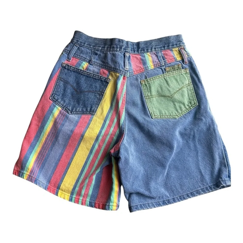Vintage 90s rainbow stripe retro high waist denim shorts 7/8 fit 26 waist - Picture 1 of 7